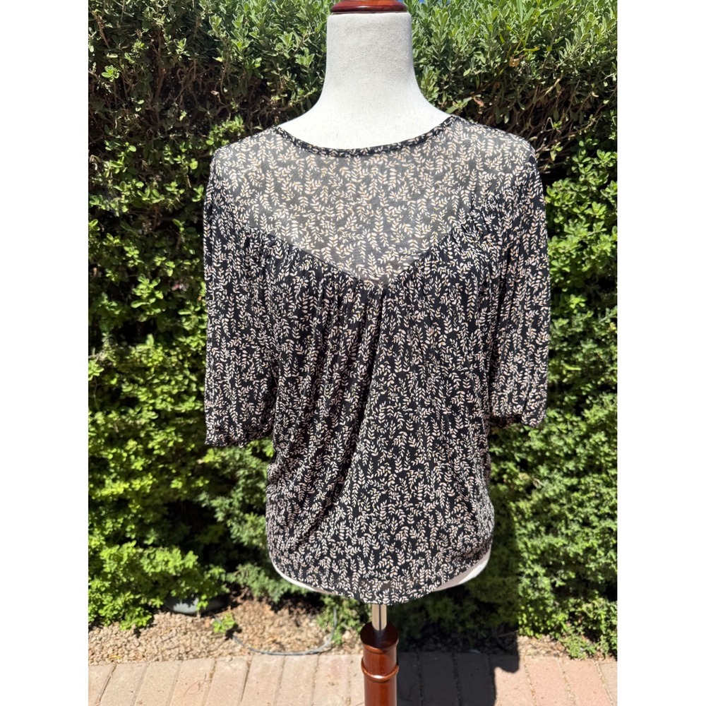 Evereve Women Black Mesh Leaf Print Blouse Short Puff Sleeve Sheer Yoke Top L